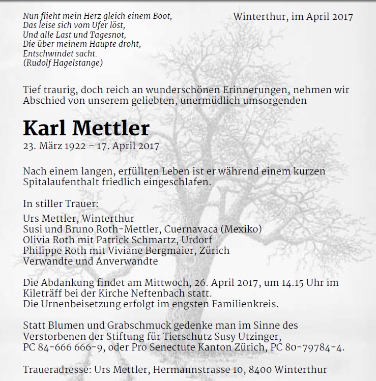 Todesanzeige Karl Mettler